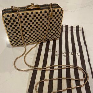 HENRI BENDEL LUXURIOUS PARTY STARTER BOX CLUTCH. RATTAN WITH LEATHER AND GOLD